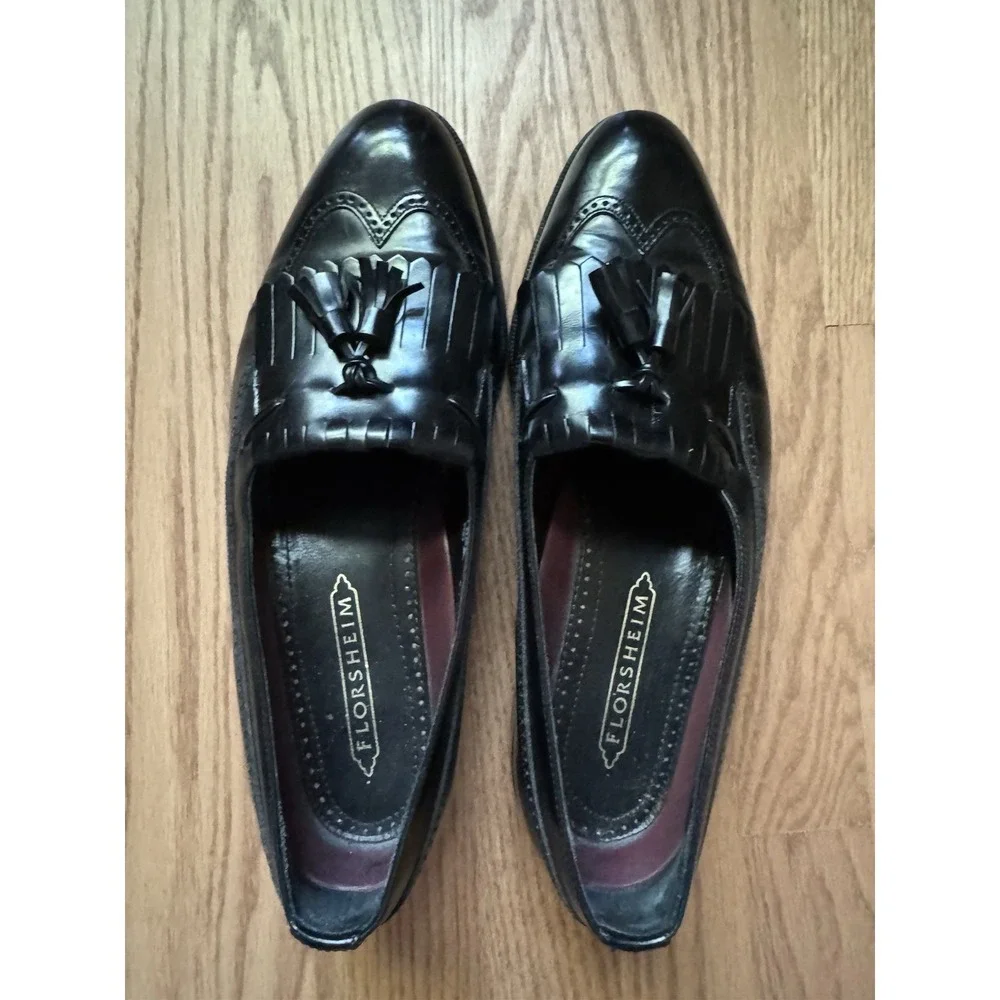 Vtg Florsheim Black Leather Tassel Loafers 10 1/2 D Kiltie Dress Shoes RUNS BIG